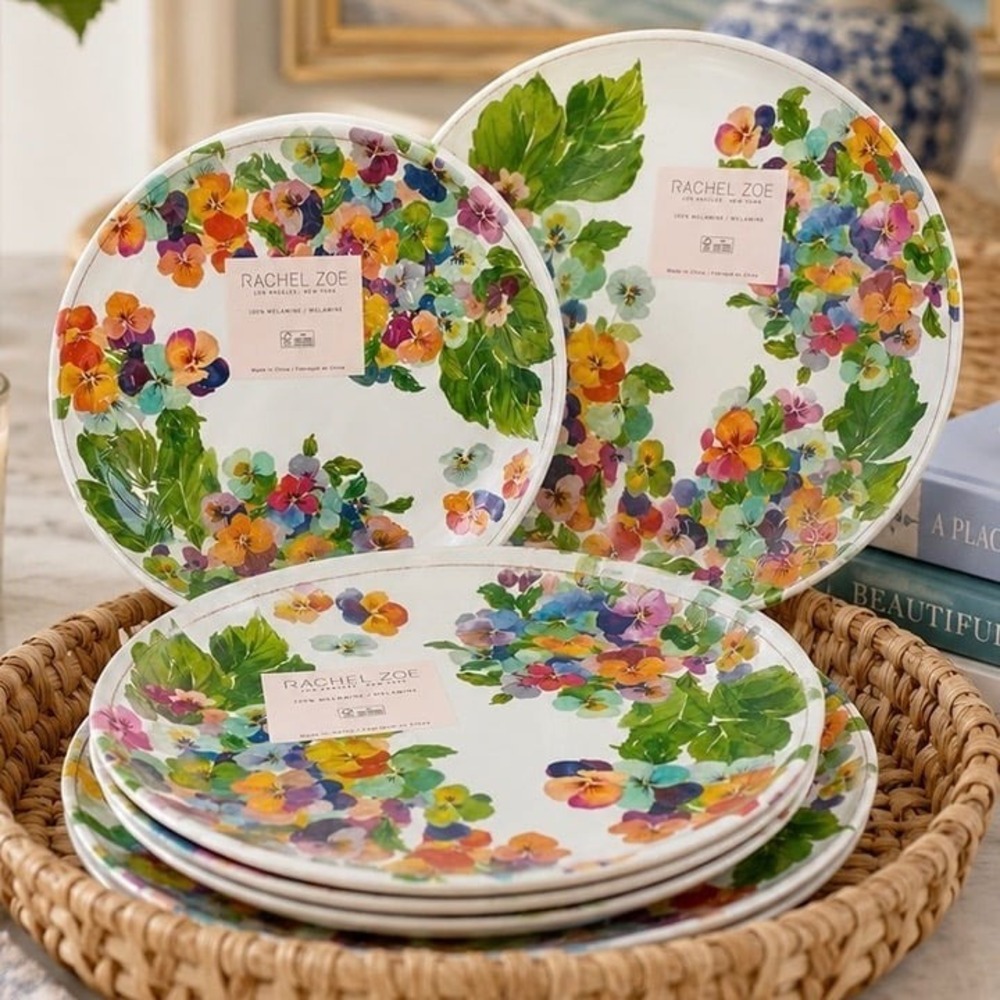 8-Piece NWT Rachel Zoe Pansies Melamine Dinnerware Set - Dinner & Salad Plates